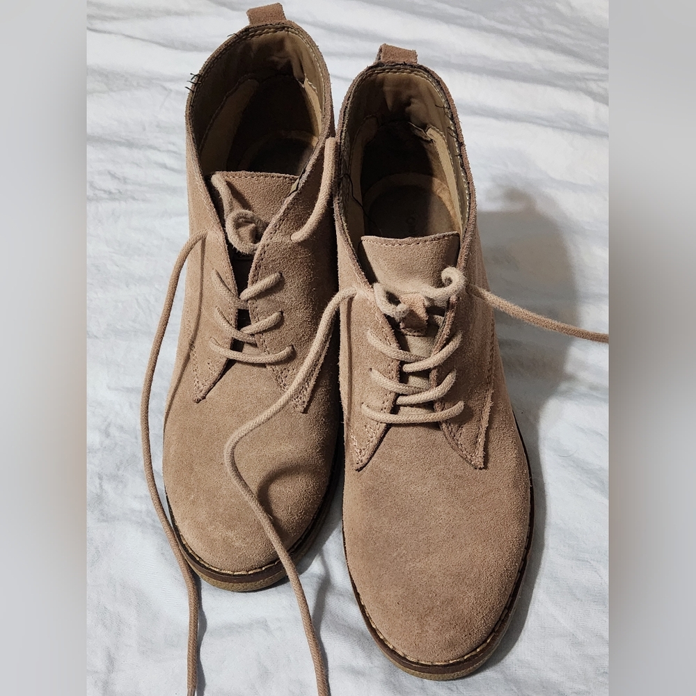 Tan suede lace-up wedges